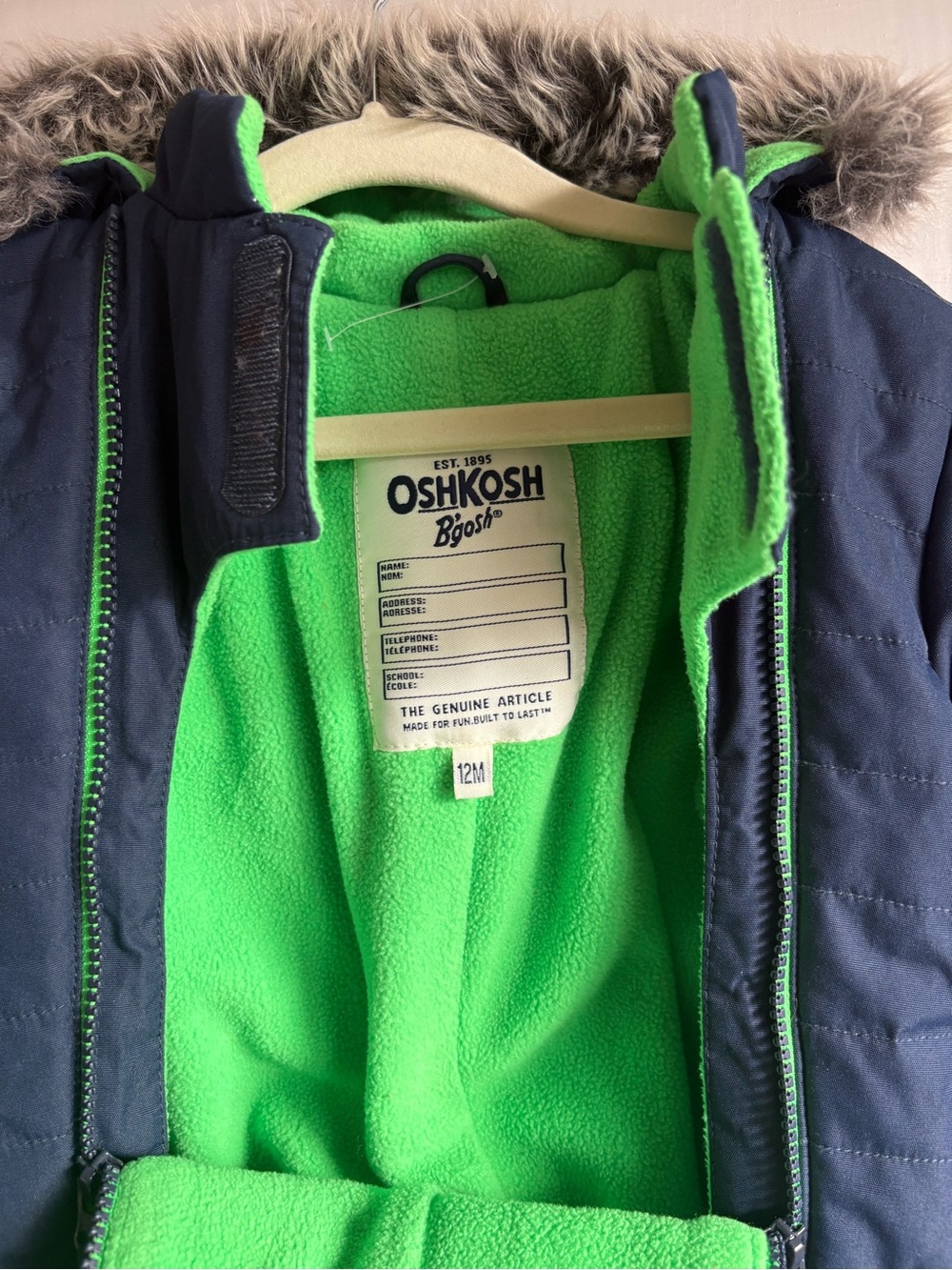 OshKosh 12M Bear Ear Hooded Navy Green Fleece-Lined Winter Snowsuit Fur Hood - Picture 3 of 7
